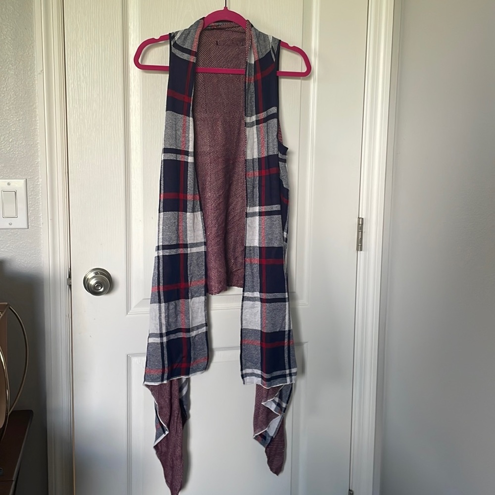 Reversible Flannel and Houndstooth Long Vest Cardigan